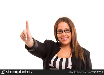 Large business woman pressing a key, isolated over white