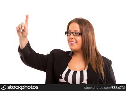 Large business woman pressing a key, isolated over white