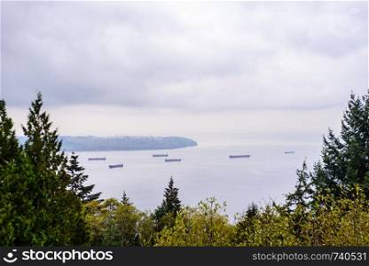 Large cargo ships anchored in Burrard Inlet, just outside the entrance to Vancouver Harbour, viewed from between trees, near Vancouver, BC, Canada.