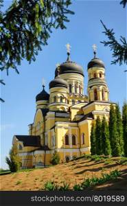 Large Christian Orthodox Church at the top of hill in Hancu Monastery, Republic of Moldova