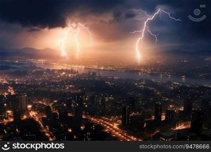 Large city in lightning storm. Generative AI. Large city in lightning storm.Generative AI