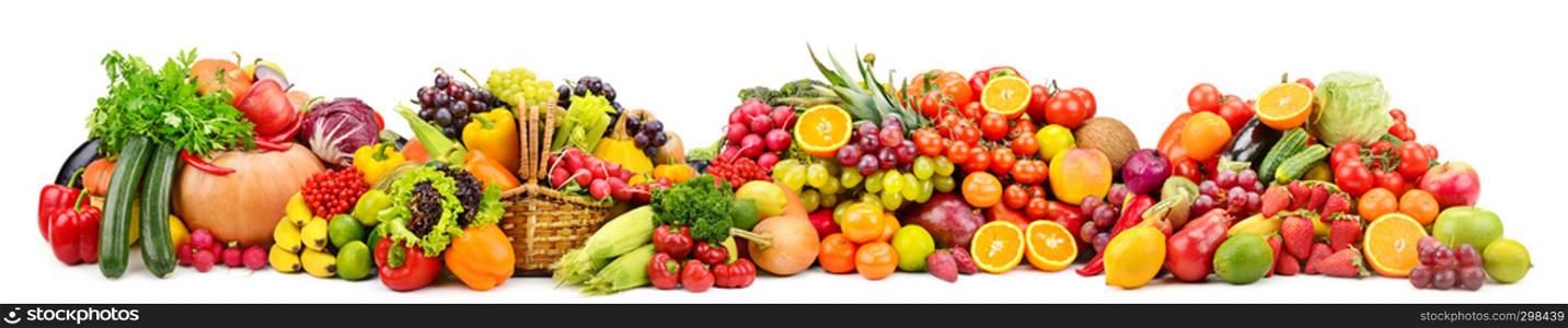 Large collection fresh fruits and vegetables useful for health isolated on white background.