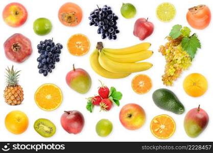 Large collection fruits and berries close-up isolated on white background. Top view.