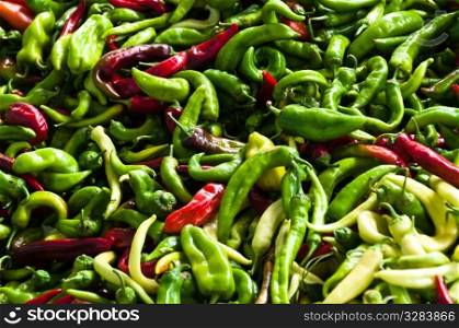 Large collection of mixed chili peppers at Egypt Bazaar (MisirCarsisi) in Istanbul, Turkey