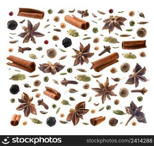 Large collection of seasonings and spices on a white background.. Large collection of seasonings and spices on a white background
