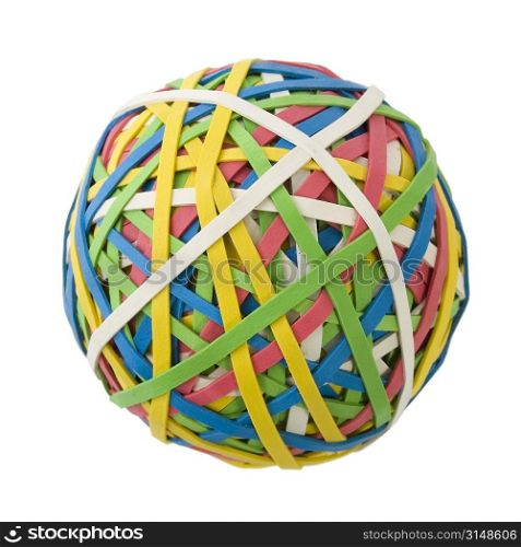 Large colorful rubberband ball over white background.