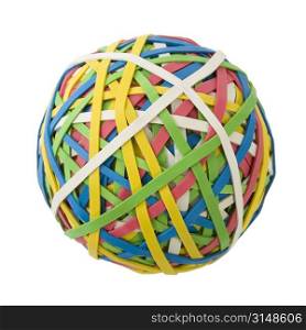 Large colorful rubberband ball over white background.