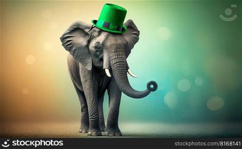 Large elephant wearing green hat with a shamrock on a blurred background. Celebrating Saint Patrick Day. Generative AI