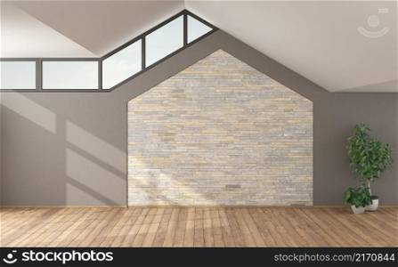 Large empty living room with stone wall , pitched roof and window - 3d rendering. Large empty living room with stone wall and pitched roof