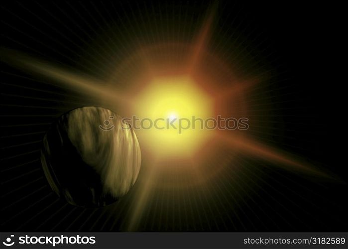 Large flare behind a yellow planet over black.