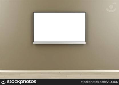 Large flat screen tv with blank screen on brown wall, front view