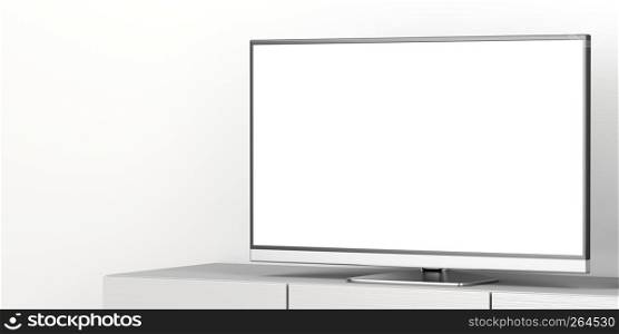 Large flat screen tv with blank screen on tv stand, close up