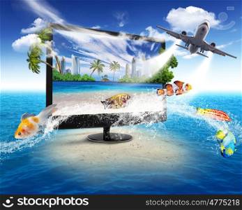 Large flat screen with nature images and nature elements inside and around