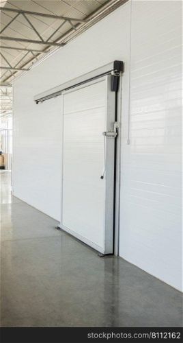 large freezer storage in the factory. closed door from warehouse. warehouse freezer in the factory