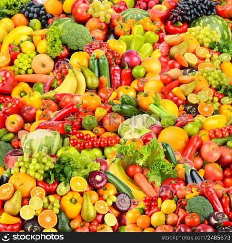 Large fruit pattern of fresh and healthy colorful vegetables and fruits. Square background.