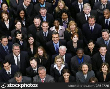 Large group of business people looking up, portrait, elevated view