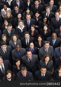 Large group of business people looking up, portrait, elevated view