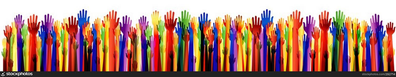 Large group of happy hands. Multiple exposure. Arms upwards. Many colored hands up