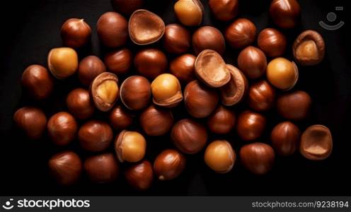 Large group of Macadamia nuts on dark background. Food backdrop. Generative AI.. Large group of Macadamia nuts on dark background. Food backdrop. Generative AI