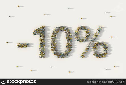 Large group of people forming 10 percent off sale discount banner. Special promotion lettering text in social media and community concept on white background. 3d sign of crowd illustration.