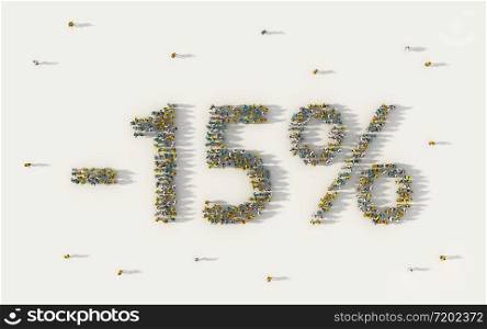 Large group of people forming 15 percent off sale discount banner. Special promotion lettering text in social media and community concept on white background. 3d sign of crowd illustration.