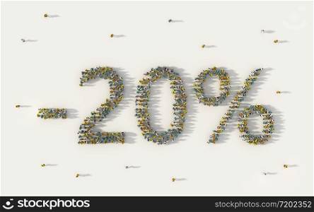 Large group of people forming 20 percent off sale discount banner. Special promotion lettering text in social media and community concept on white background. 3d sign of crowd illustration.