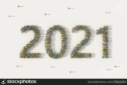 Large group of people forming 2021 text number for happy new year day on holiday in social media and community concept on white background. 3d sign of crowd illustration from above gathered together