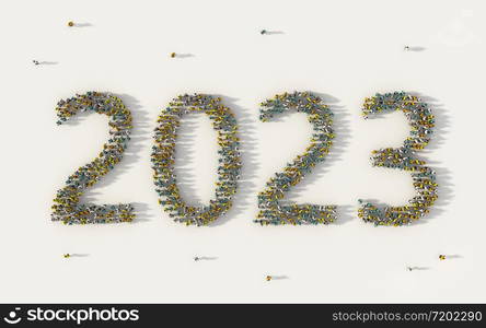 Large group of people forming 2023 text number for happy new year day on holiday in social media and community concept on white background. 3d sign of crowd illustration from above gathered together