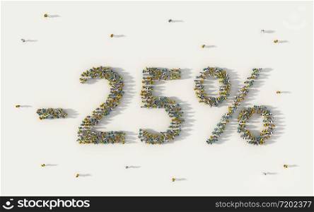 Large group of people forming 25 percent off sale discount banner. Special promotion lettering text in social media and community concept on white background. 3d sign of crowd illustration.