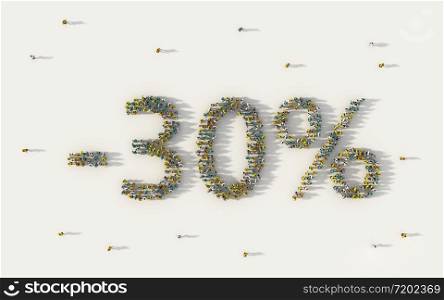 Large group of people forming 30 percent off sale discount banner. Special promotion lettering text in social media and community concept on white background. 3d sign of crowd illustration.