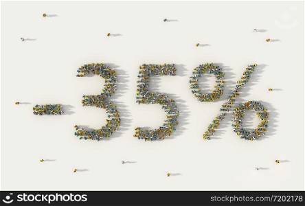 Large group of people forming 35 percent off sale discount banner. Special promotion lettering text in social media and community concept on white background. 3d sign of crowd illustration.