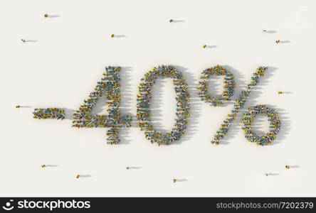 Large group of people forming 40 percent off sale discount banner. Special promotion lettering text in social media and community concept on white background. 3d sign of crowd illustration.