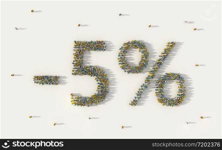 Large group of people forming 5 percent off sale discount banner. Special promotion lettering text in social media and community concept on white background. 3d sign of crowd illustration.