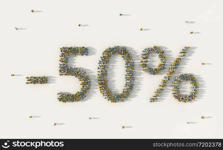 Large group of people forming 50 percent off sale discount banner. Special promotion lettering text in social media and community concept on white background. 3d sign of crowd illustration.