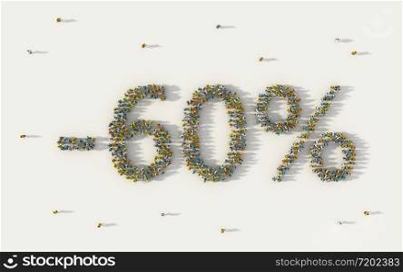 Large group of people forming 60 percent off sale discount banner. Special promotion lettering text in social media and community concept on white background. 3d sign of crowd illustration.