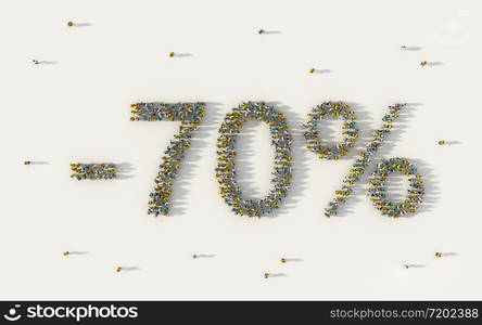 Large group of people forming 70 percent off sale discount banner. Special promotion lettering text in social media and community concept on white background. 3d sign of crowd illustration.