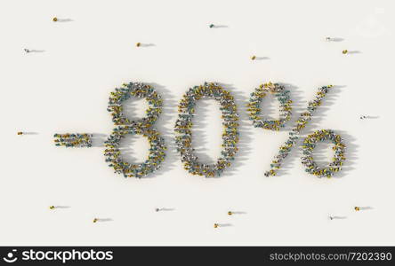 Large group of people forming 80 percent off sale discount banner. Special promotion lettering text in social media and community concept on white background. 3d sign of crowd illustration.