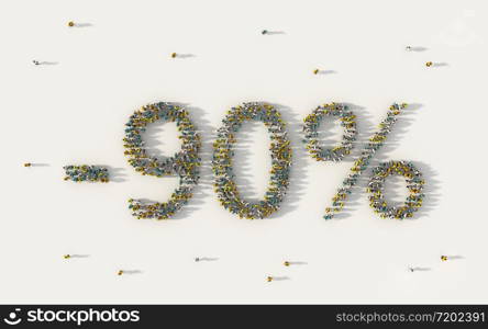 Large group of people forming 90 percent off sale discount banner. Special promotion lettering text in social media and community concept on white background. 3d sign of crowd illustration.