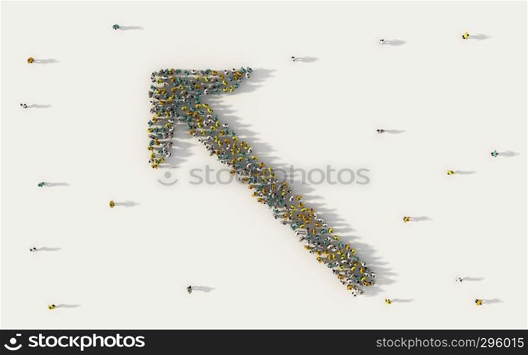 Large group of people forming a big arrow symbol in business, social media, and community concept on white background. 3d sign of crowd illustration from above gathered together