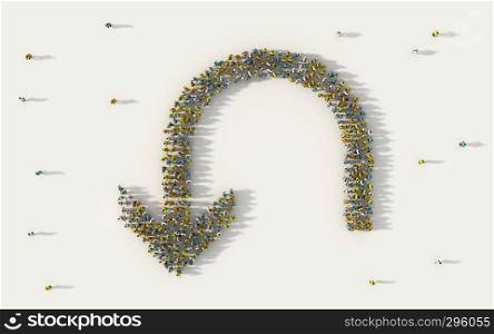 Large group of people forming a big arrow symbol in business, social media, and community concept on white background. 3d sign of crowd illustration from above gathered together