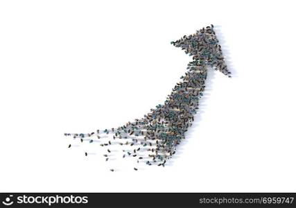 Large group of people forming a big arrow symbol on white, socia. Large group of people forming a big arrow symbol on white, social media concept. 3d illustration. Large group of people forming a big arrow symbol on white, social media concept. 3d illustration