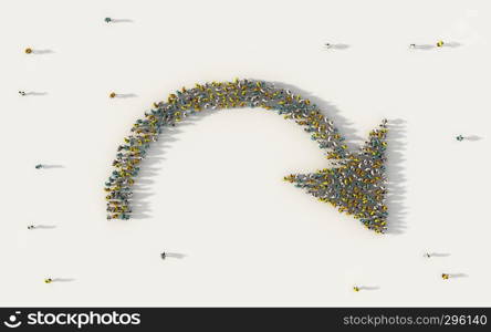 Large group of people forming a big direction arrow symbol in business, social media, and community concept on white background. 3d sign of crowd illustration from above gathered together