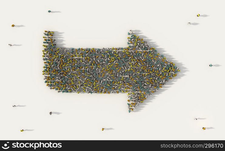 Large group of people forming a big direction arrow symbol in business, social media, and community concept on white background. 3d sign of crowd illustration from above gathered together