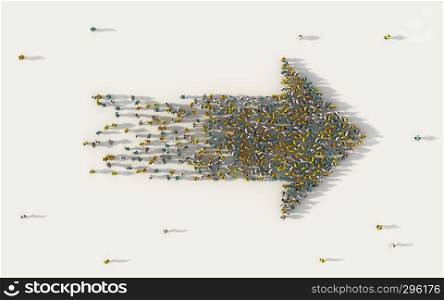 Large group of people forming a big direction arrow symbol in business, social media, and community concept on white background. 3d sign of crowd illustration from above gathered together