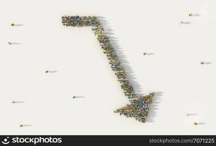 Large group of people forming a big direction arrow symbol in business, social media, and community concept on white background. 3d sign of crowd illustration from above gathered together