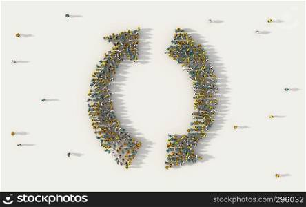 Large group of people forming a big recycle arrow symbol in business, social media, and community concept on white background. 3d sign of crowd illustration from above gathered together