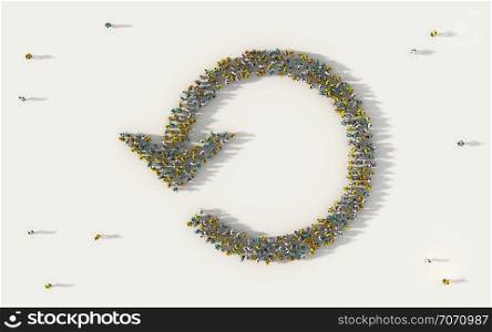 Large group of people forming a big recycle arrow symbol in business, social media, and community concept on white background. 3d sign of crowd illustration from above gathered together