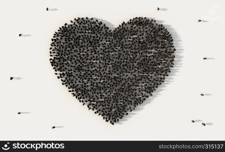 Large group of people forming a black heart symbol in social media and community concept on white background. 3d sign of crowd illustration from above gathered together