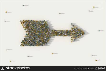 Large group of people forming a bow arrow symbol in business, social media, and community concept on white background. 3d sign of crowd illustration from above gathered together