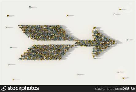 Large group of people forming a bow arrow symbol in business, social media, and community concept on white background. 3d sign of crowd illustration from above gathered together